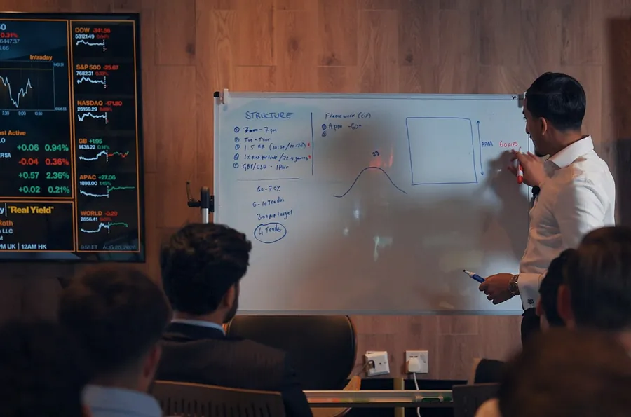 Shoaib Ghauri teaching a Level 3 class at the whiteboard on the London trading floor