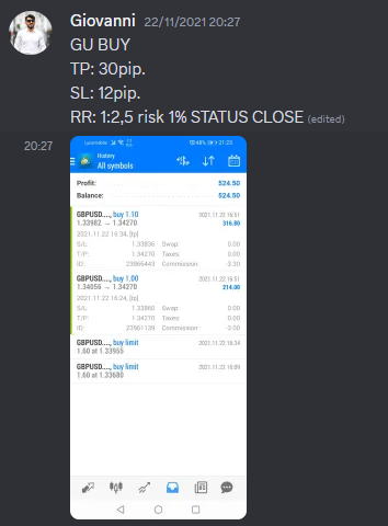 Come Learn Forex student trading result screenshot, 2021 archive, result 244 of 263